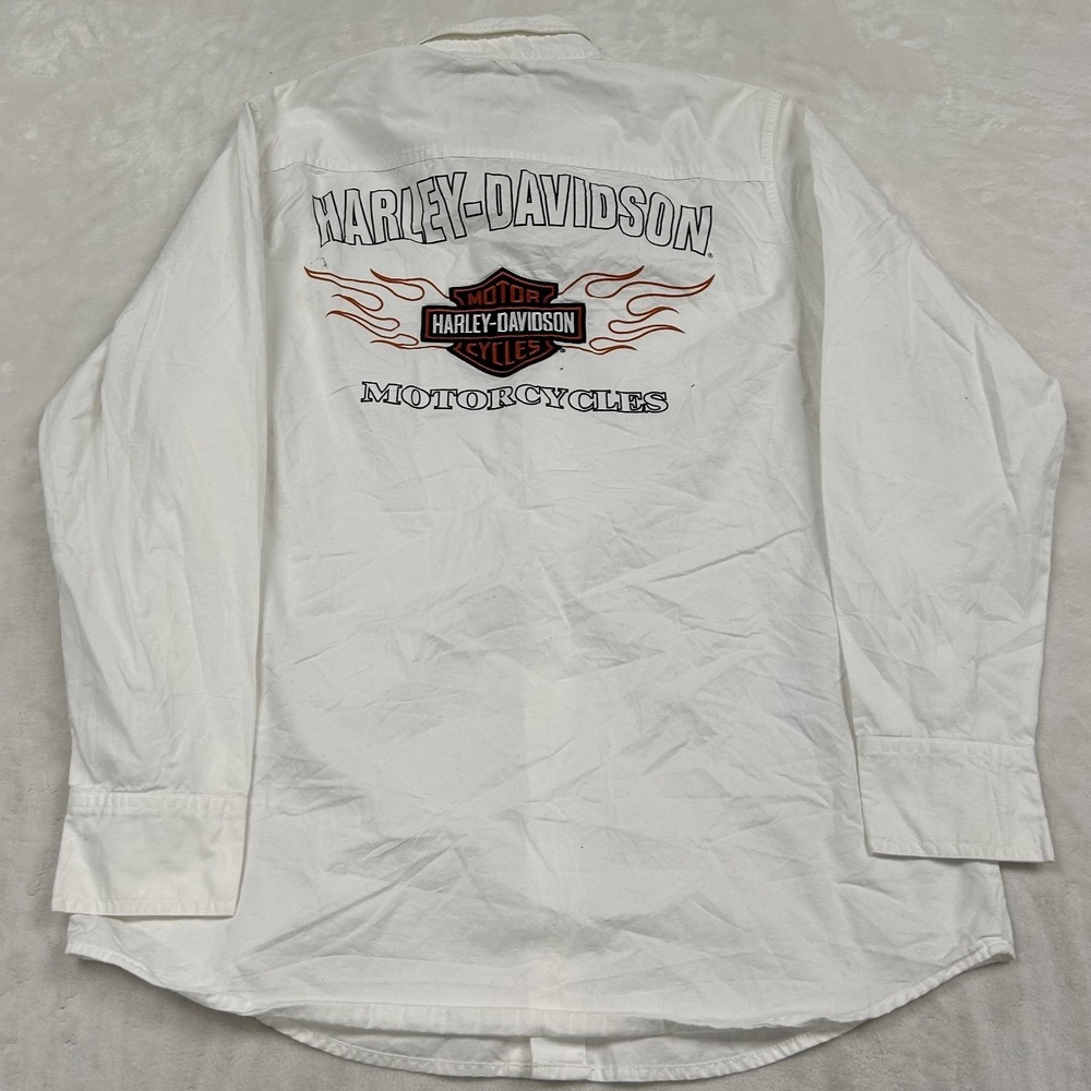 Harley-Davidson Button Up Shirt Mens Medium White Long Sleeve Flame Graphic Back